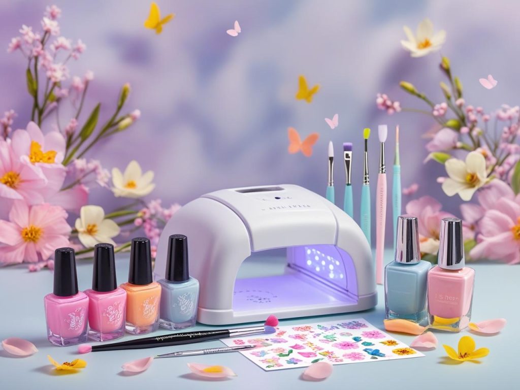 Nail art kit with polish, UV lamp, and stickers for 2025 spring nails