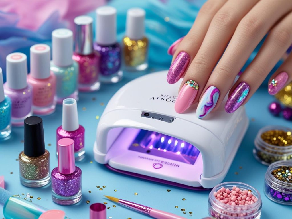 Nail art kit with polish, UV lamp, and rhinestones for 2025 nail designs
