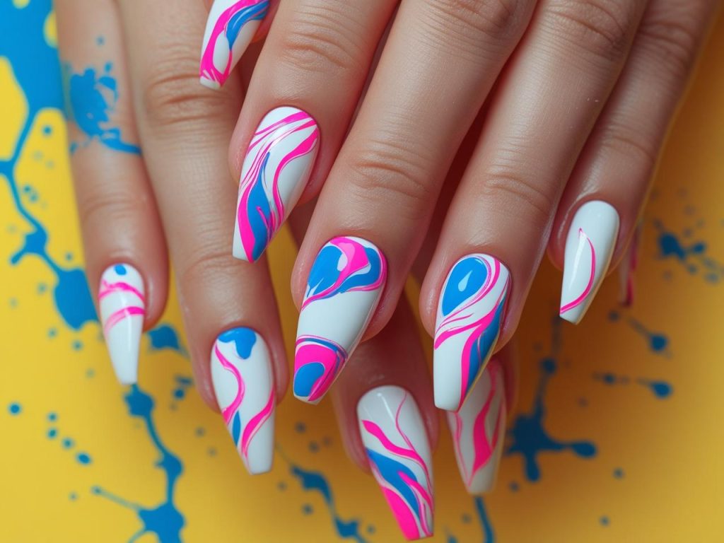 Abstract nail art with neon swirls for a bold 2025 manicure