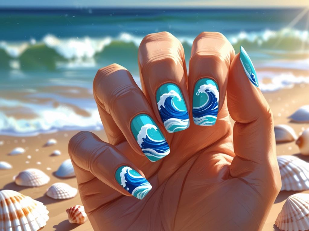 Show a hand painting ocean wave nails with a brush, applying blue and white wave patterns. Use a sandy beige background with wave accents for a Pinterest aesthetic