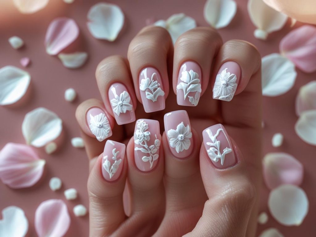 Floral embossed gel nail design with white flowers for 2025