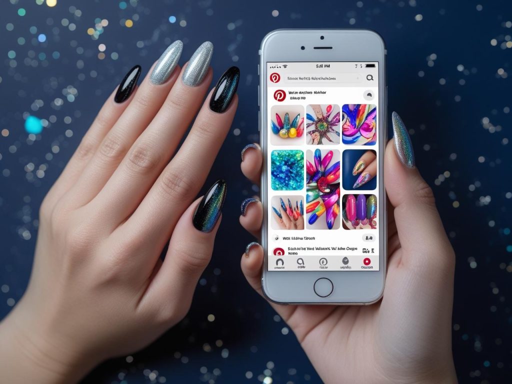 2025 gel nails on a Pinterest board, featuring holographic nail designs