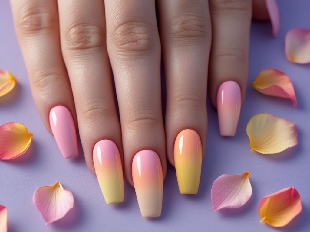 Pastel sunset ombre nail design with pink and peach for 2025