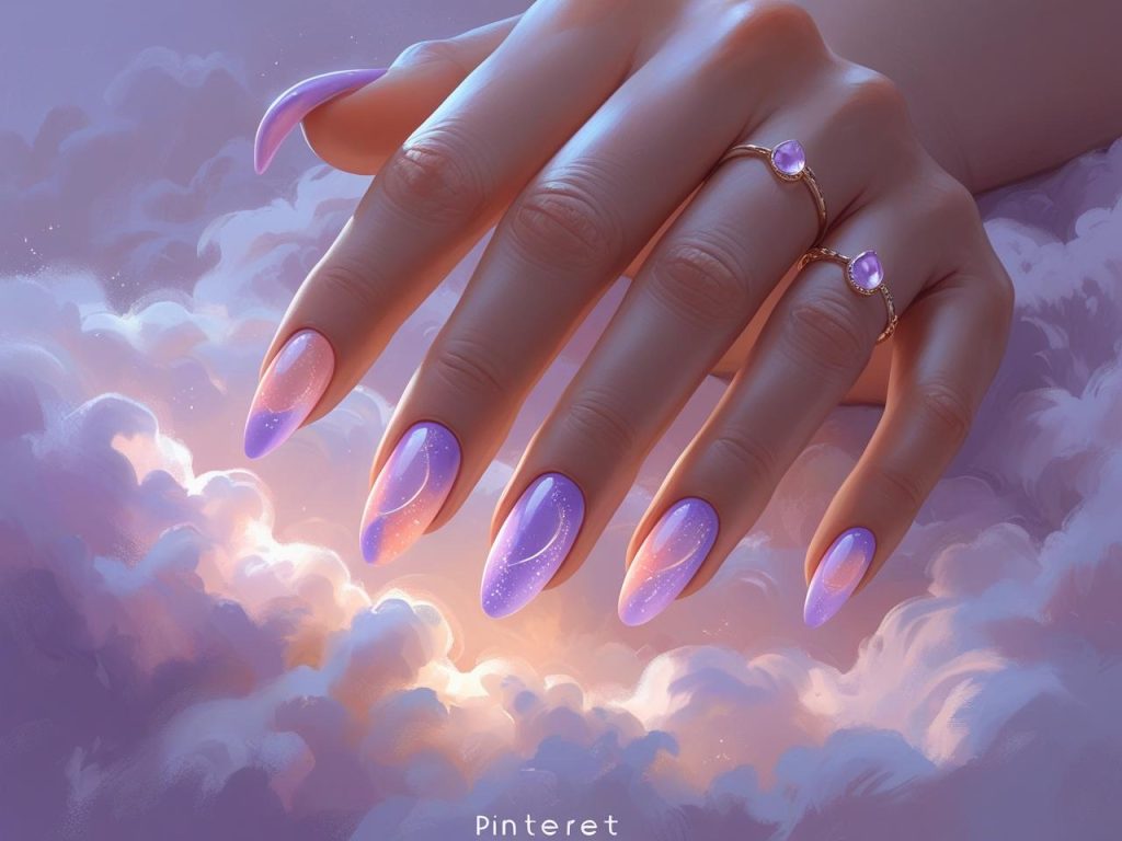 Aura nail art with lavender and peach gradients for 2025 Pinterest trends