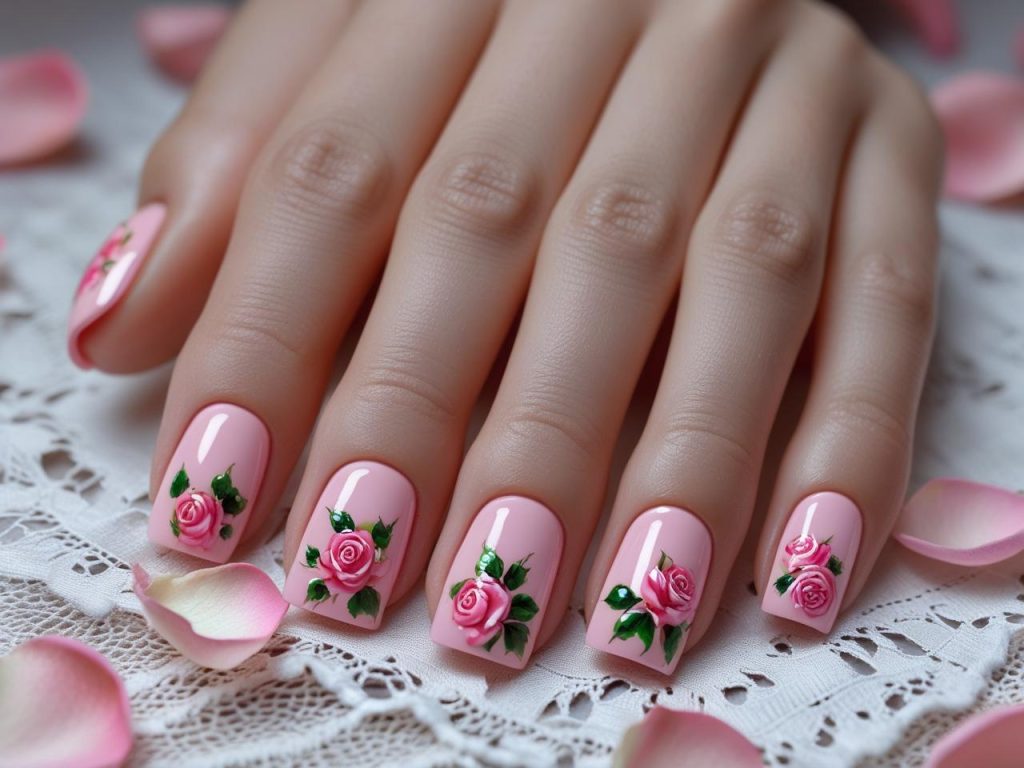 Floral nail design with pink roses for a 2025 romantic manicure
