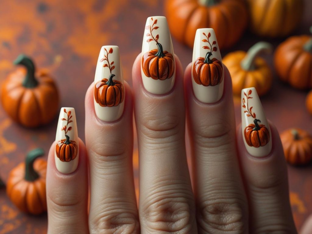 Pumpkin spice nail design with orange pumpkins for 2025 fall nails