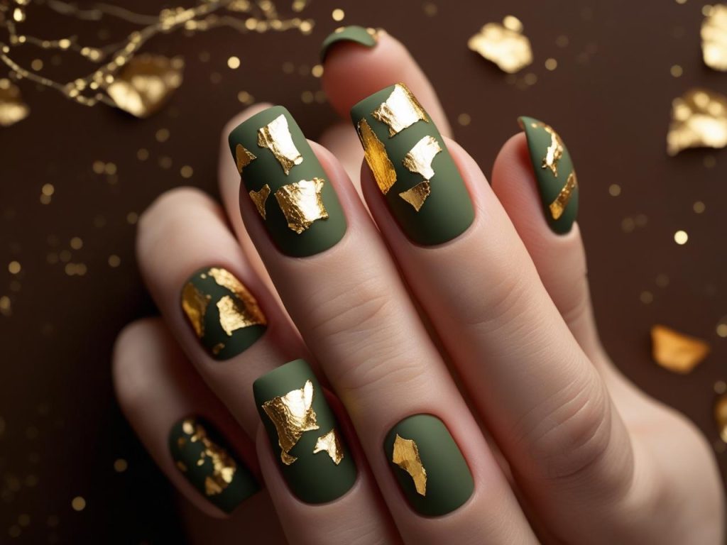 Gold foil nail design with olive green base for 2025 fall nails