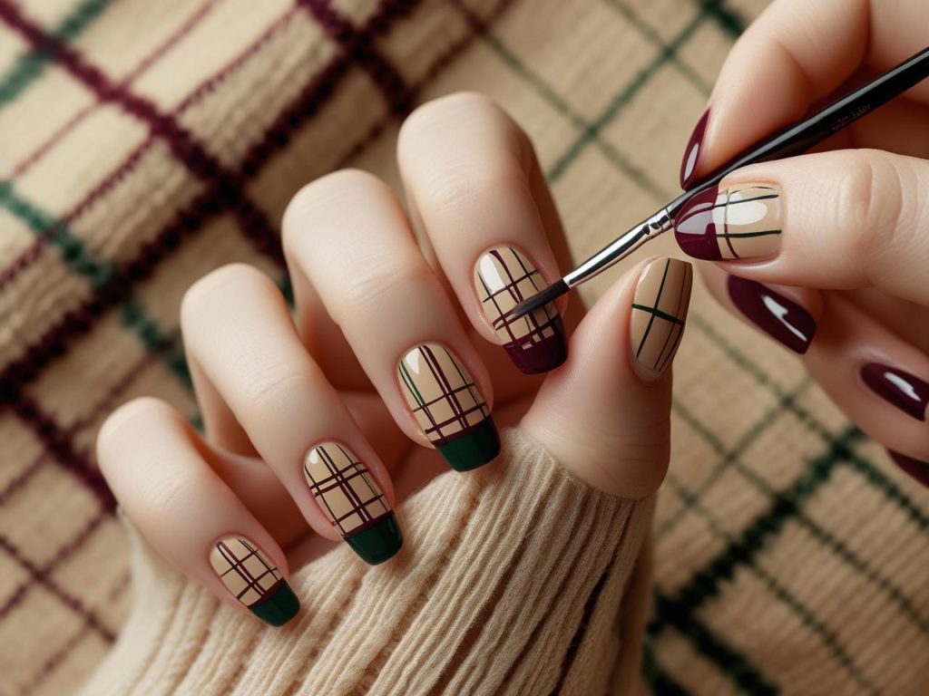 Creating plaid accent nails for 2025 fall nail inspiration
