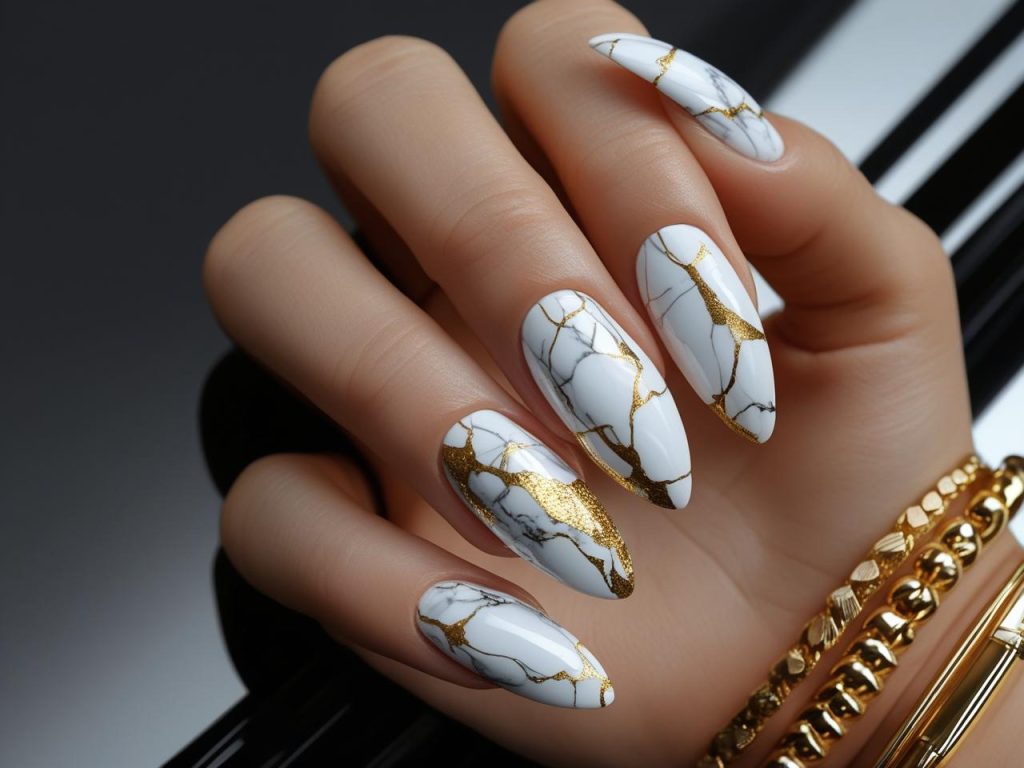 White marble nail design with gold veins for a 2025 manicure

