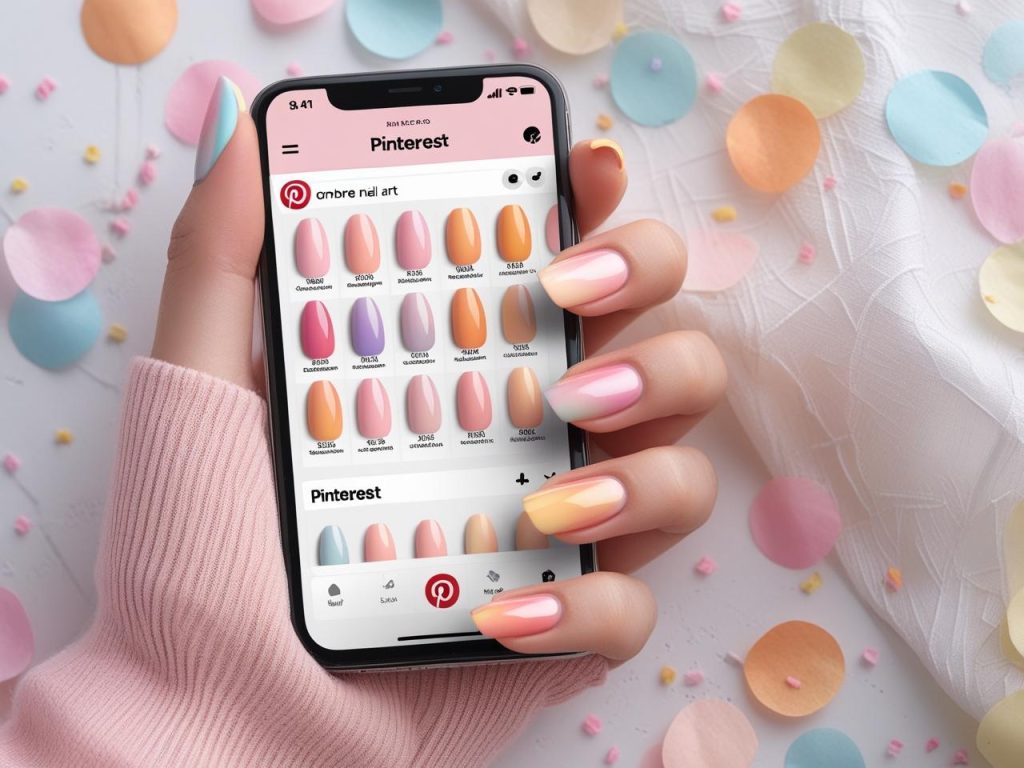 2025 ombre nails on a Pinterest board, featuring pastel sunset gradients