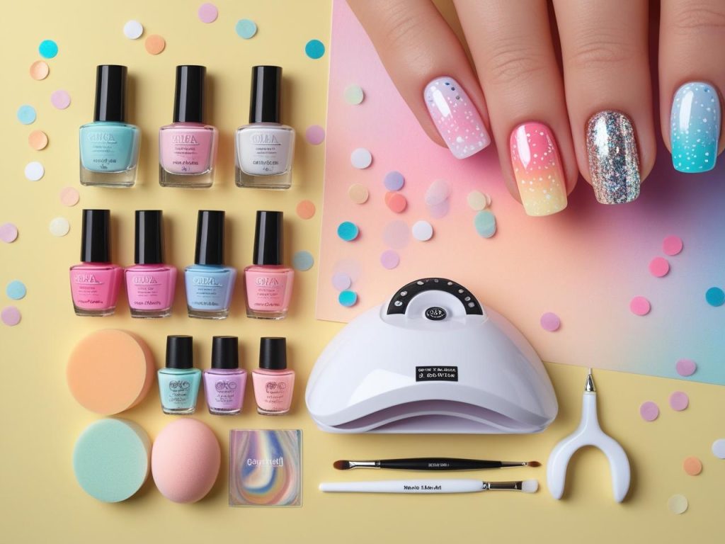 Nail art kit with polish, UV lamp, and sponges for 2025 ombre nails