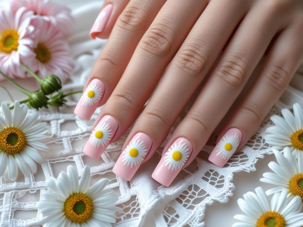 Daisy nail design with white flowers for a cute 2025 manicure