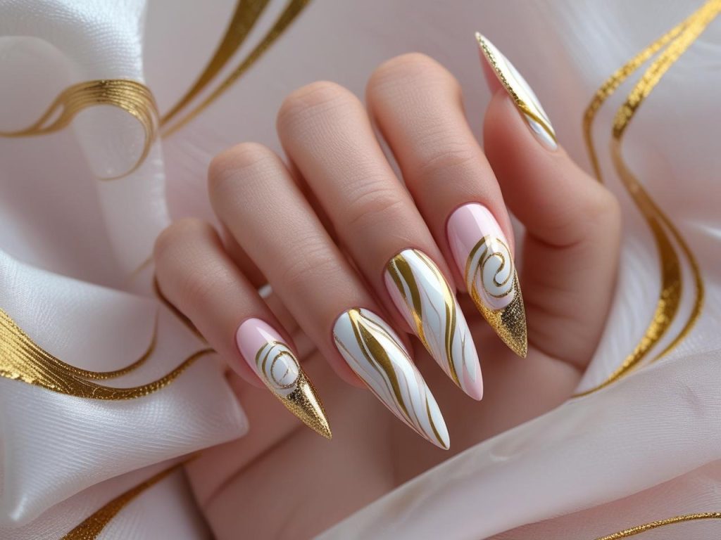 Stiletto swirl long nail design with white and gold for 2025