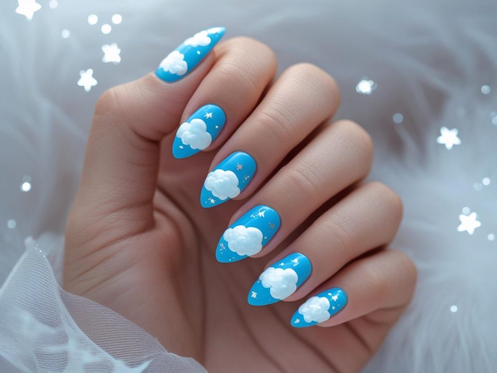Cloud nail design with white clouds for a cute 2025 manicure