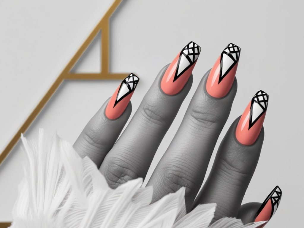 Geometric nail design with black and white triangles for 2025 nail art inspiration