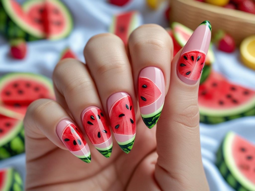 Fruit accent nail design with watermelon slices for 2025 summer nails