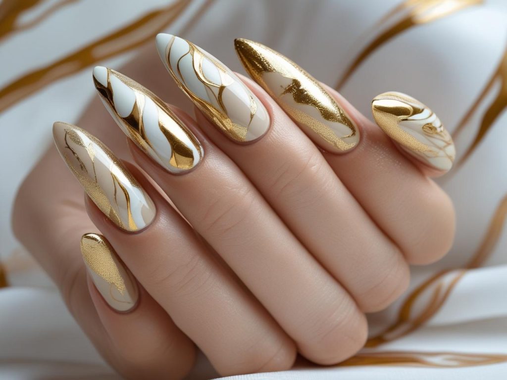 Metallic marble gel nail design with gold swirls for 2025