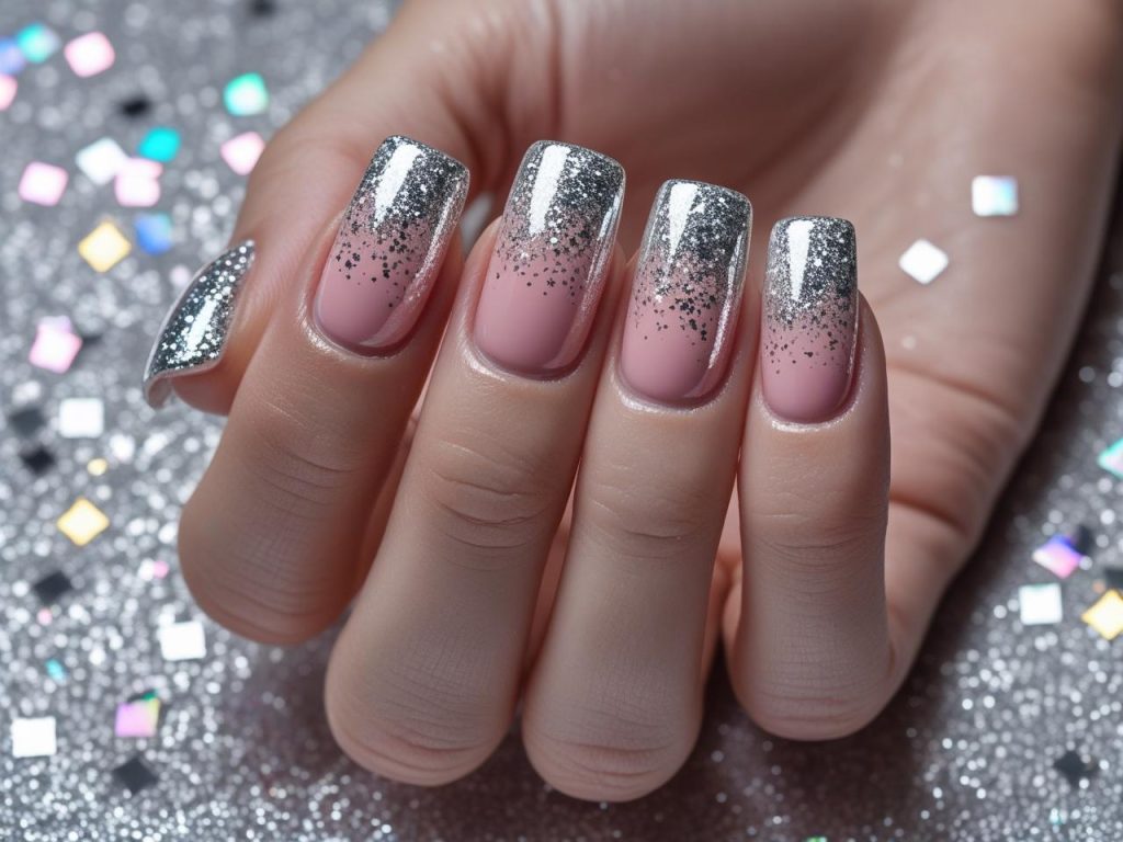 Gradient glitter acrylic nail design with silver sparkle for 2025