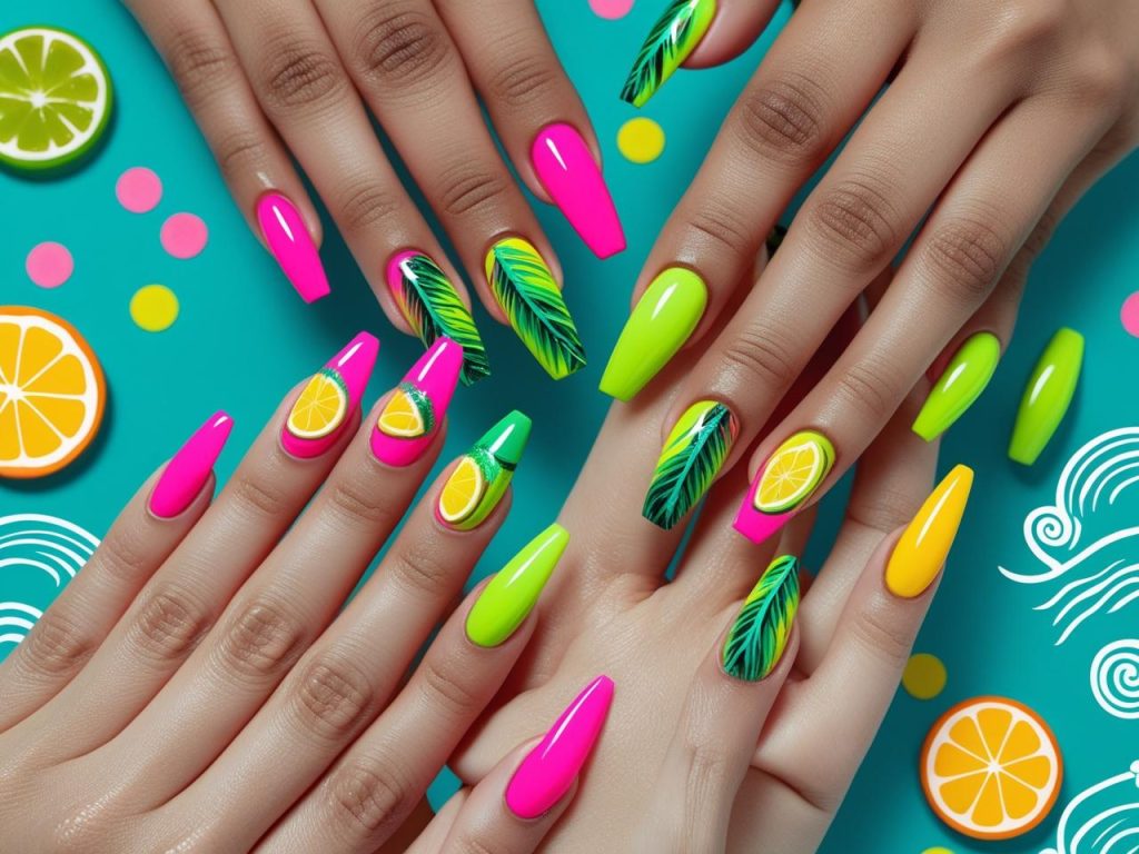 2025 summer nails with tropical leaves, neon gradients, fruit accents, and ocean waves for Pinterest inspiration