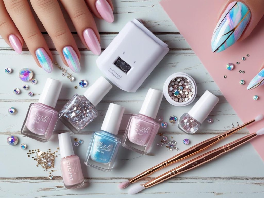 Nail art kit with polish, UV lamp, and rhinestones for 2025 nail art inspiration