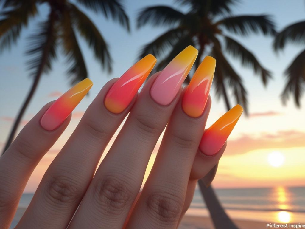 Sunset ombre nail design for 2025 summer nails