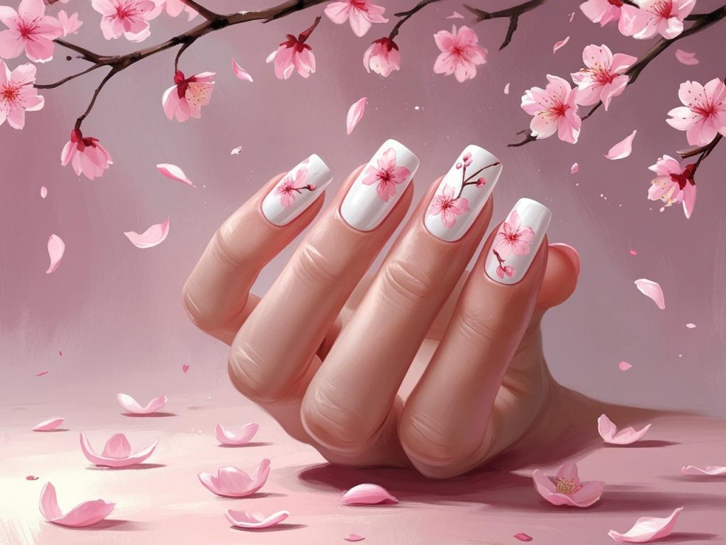 Cherry blossom nail design with pink blossoms for 2025 spring nails