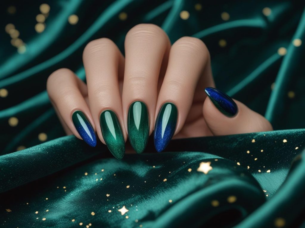 Jewel tone ombre nail design with green and blue for 2025