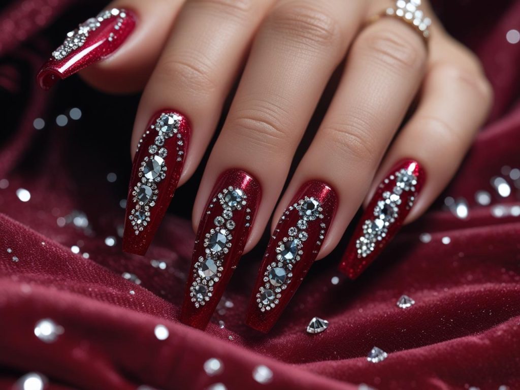 3D crystal embellished long nail design with rhinestones for 2025