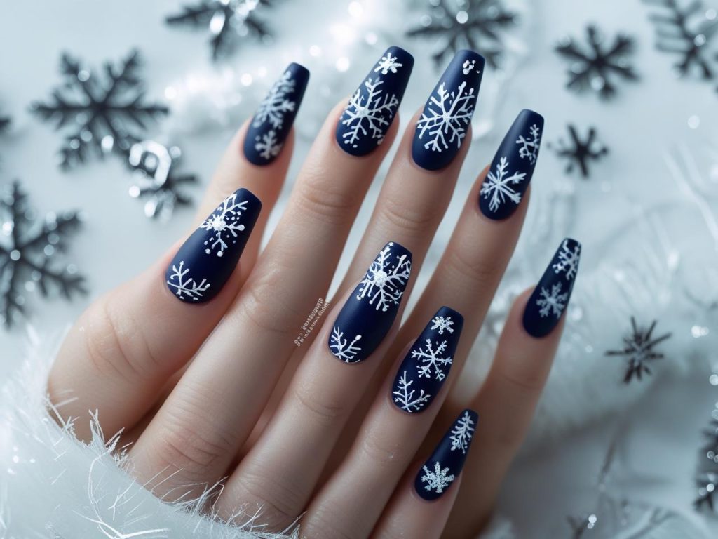 Snowflake nail design with white snowflakes for 2025 winter nails