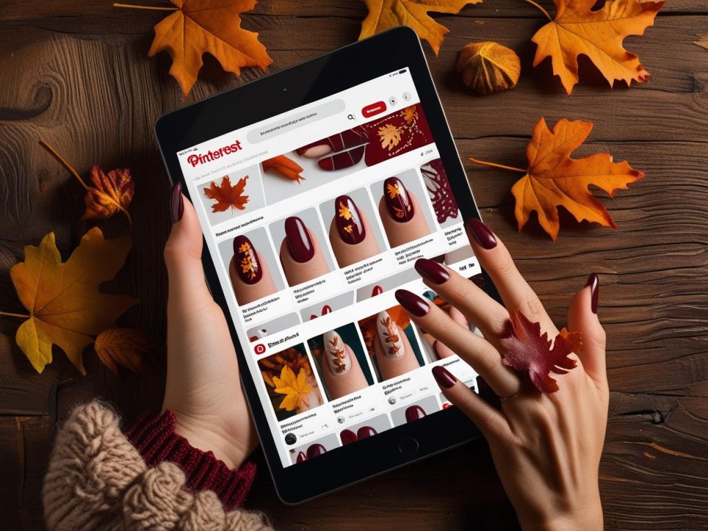 2025 fall nails on a Pinterest board, featuring autumn leaf nail art