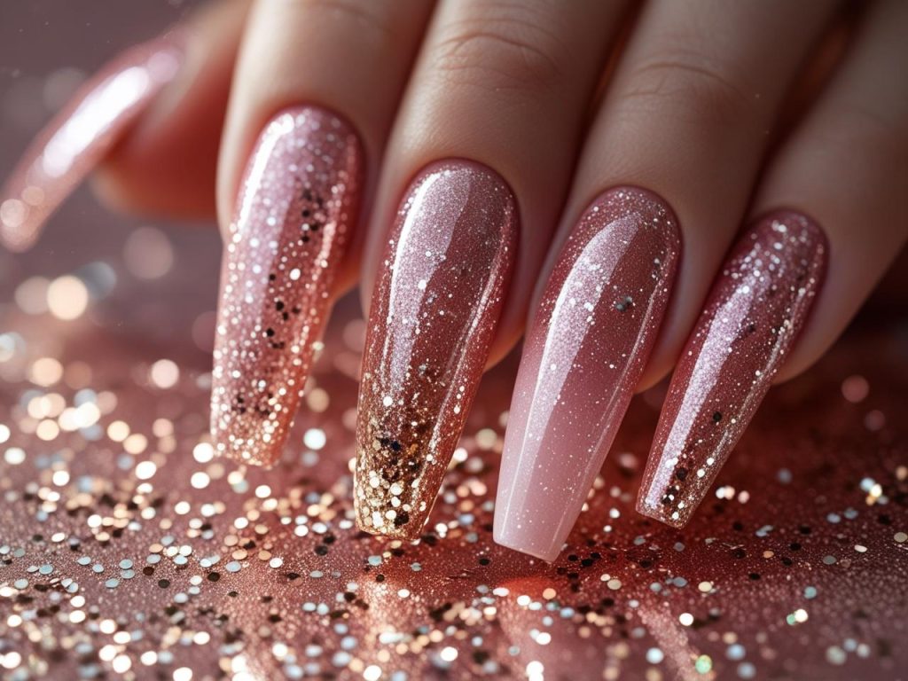 Glitter gradient long nail design with rose gold for 2025