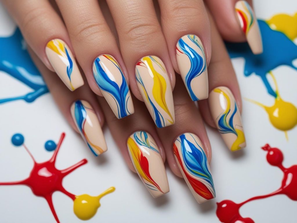 Abstract nail design with colorful swirls for 2025 nail art inspiration