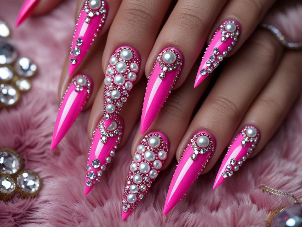 3D embellished acrylic nail design with rhinestones for 2025