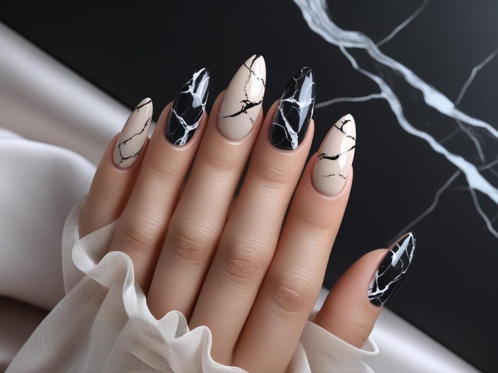 Marble accent long nail design with black and white for 2025