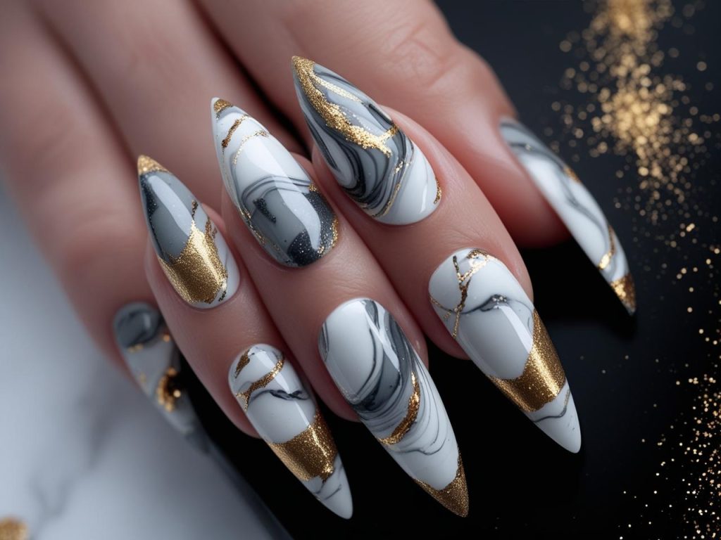 Marble nail effect with white and grey swirls for 2025 nail art inspiration