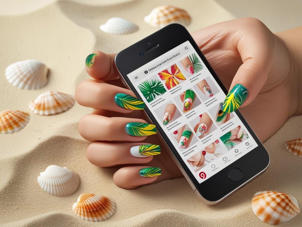 2025 summer nails on a Pinterest board, featuring tropical palm leaf designs