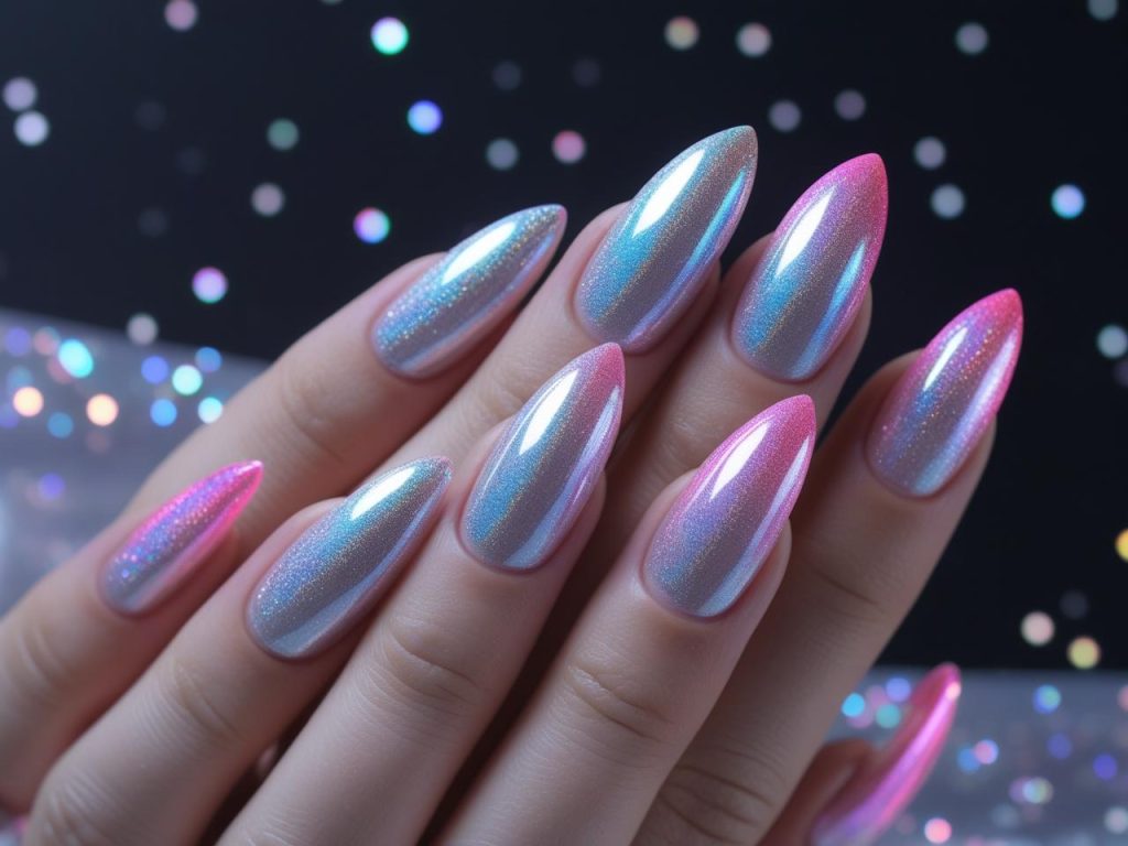 Holographic gradient gel nail design with silver and pink for 2025