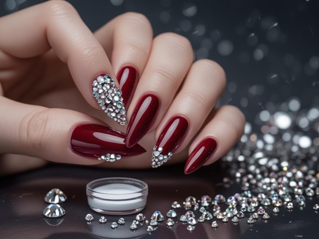 Creating 3D crystal embellished long nails for 2025 inspiration
