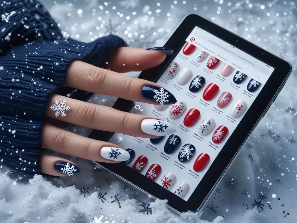 2025 winter nails on a Pinterest board, featuring snowflake nail art
