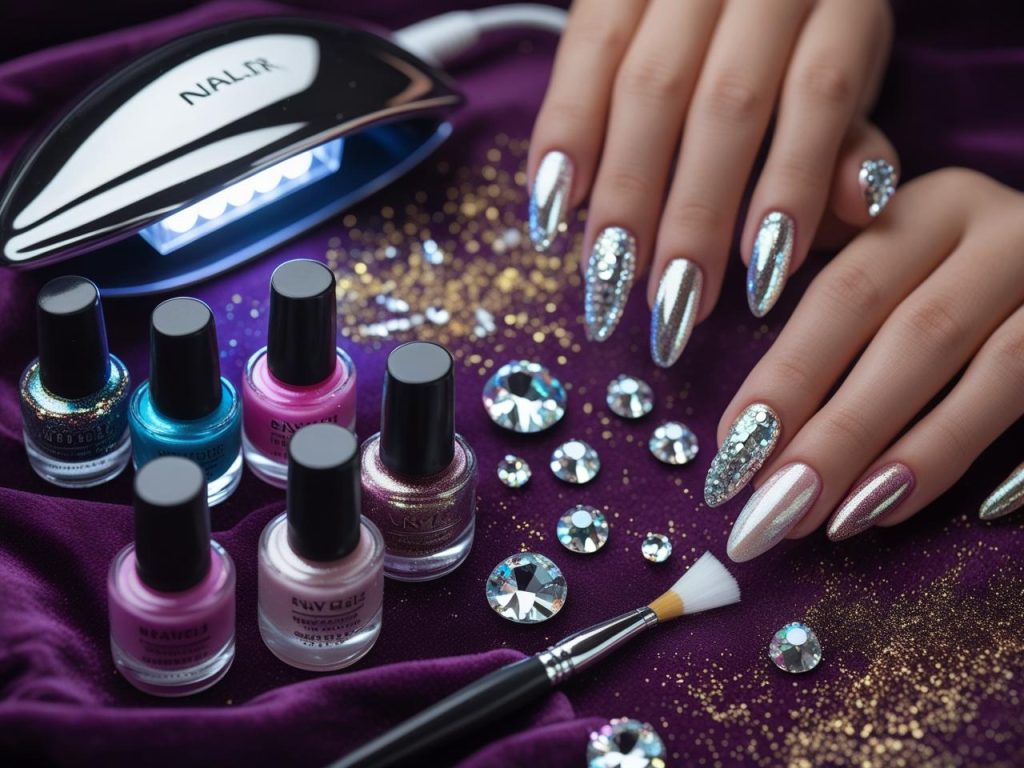 Nail art kit with polish, UV lamp, and rhinestones for 2025 long nail designs