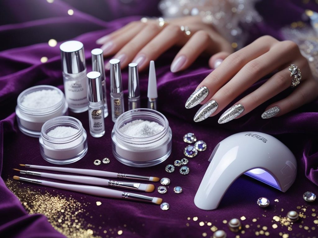 Acrylic nail kit with powder, UV lamp, and rhinestones for 2025 acrylic nails
