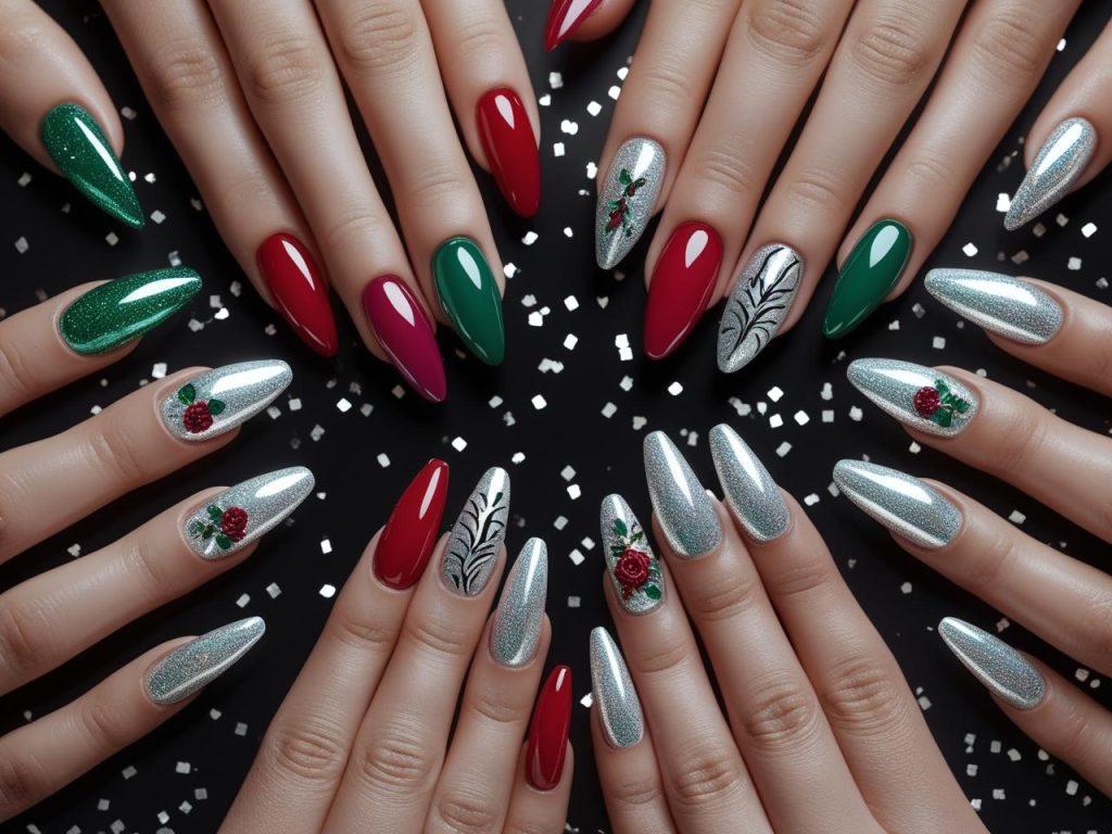2025 gel nails with holographic gradients, gemstone effects, cat-eye finishes, and floral embossing for Pinterest inspiration