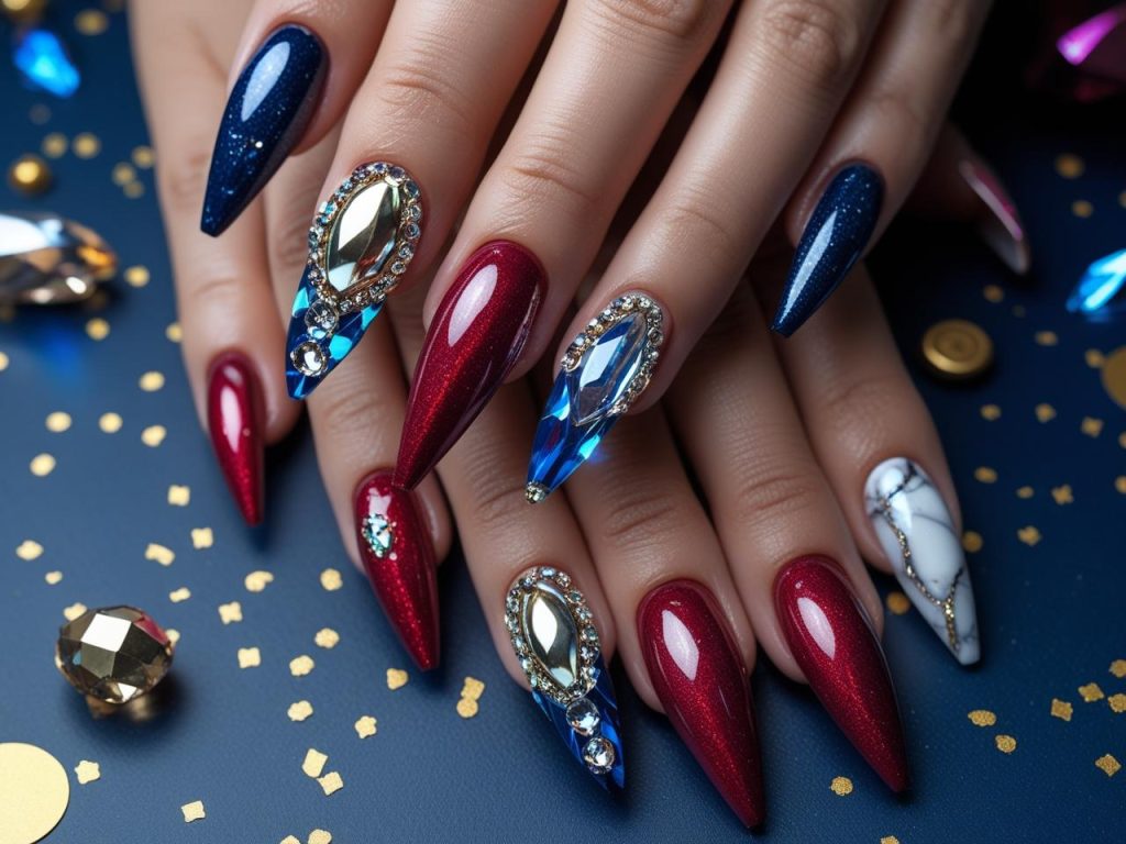 2025 long nail designs with chrome ombre, 3D crystals, stiletto swirls, and marble accents for Pinterest inspiration