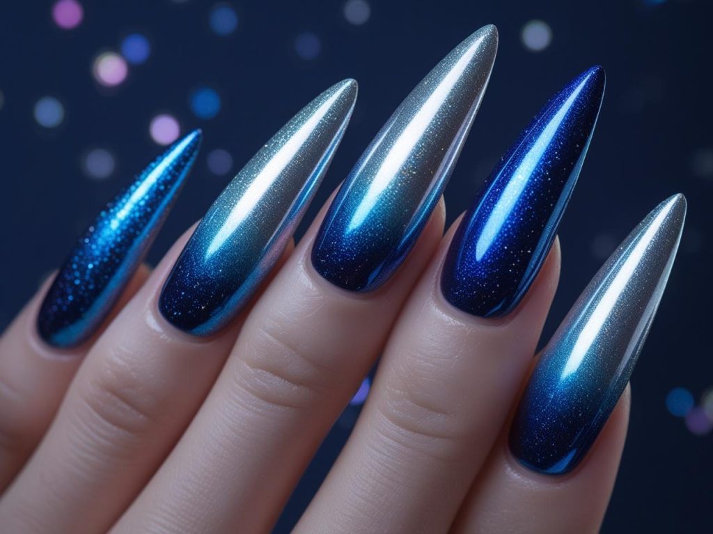 Chrome ombre long nail design with silver and blue for 2025